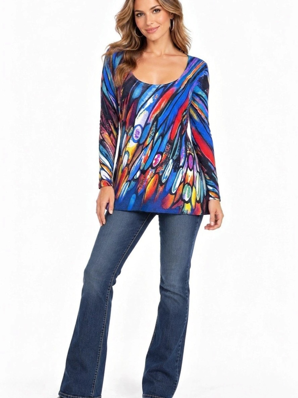 Alberto Makali L Abstract Print Tunic Top Scoop Neck Stretch Art to Wear Y2K